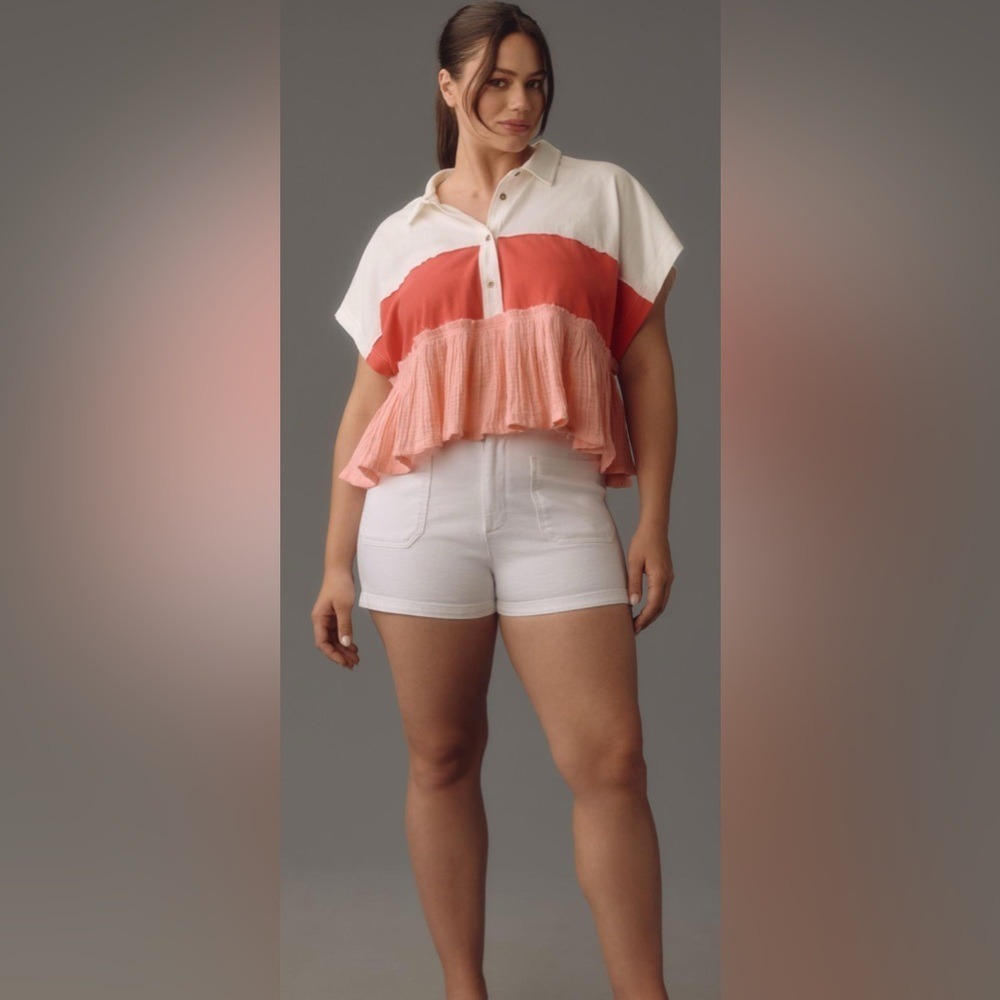 Pilcro White and Coral Pink Short Sleeve Ruffle Polo Top